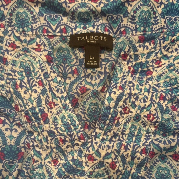 TALBOTS PETITES EUC WOMENS BLUE WHITE TOP SHIRT BLOUSE COTTON CASUAL SIZE L p - Picture 2 of 3